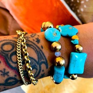 Handmade genuine turquoise and gold embellished stretch bracelet set…..